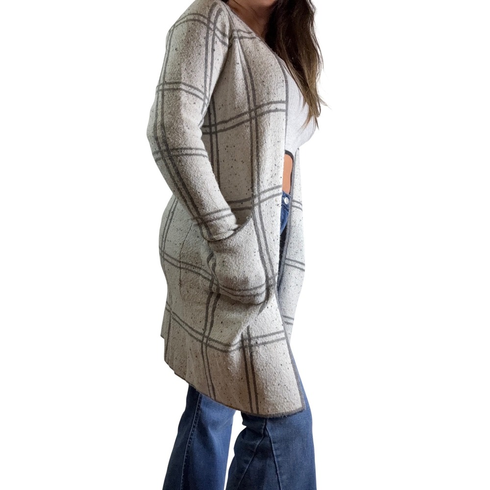 Kohl's Oatmeal Plaid‎ Open Front Long Cardigan Sweater Women's Size S